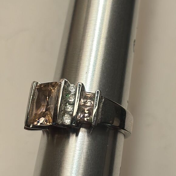 Silver Tone Square Cut Light Pink and clear crystal statement cocktail ring 7 - Picture 4 of 8